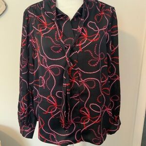 Vigo satin button down blouse with tie neck, medium petite